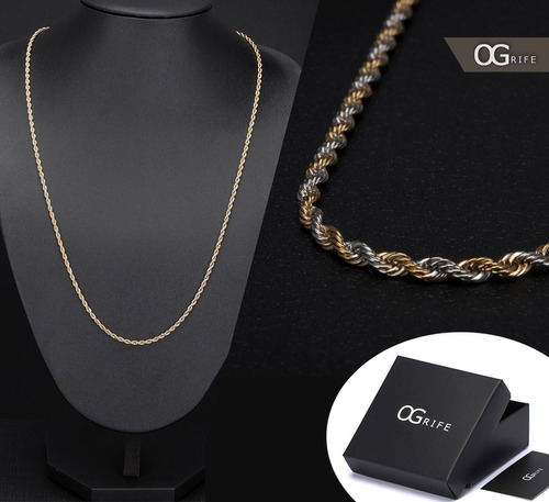 Corrente Cordão Ogrife Aço Inox Masculino J-06 Banhado Ouro