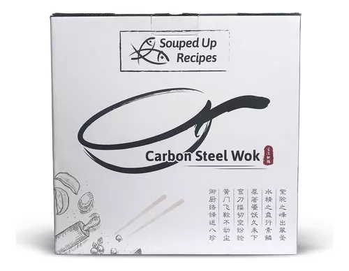 Wok de acero al carbono para cocinas eléctricas, de inducción y de gas  (tapa, espátula y guía de video de condimento incluido)