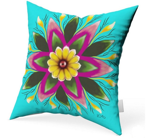 Almohada decorativa con relleno de mandala con margaritas cuadradas de color azul