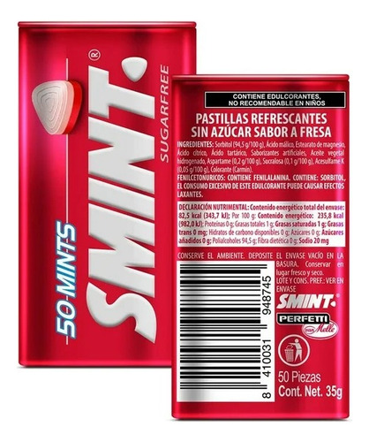 3 Pza Pastillas Smint Sin AzĂșcar Sabor Fresa 35 G