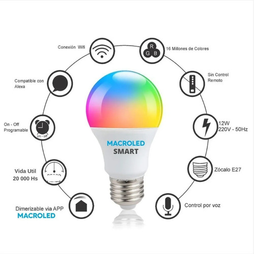 Lampara Led Bulbo A60 Smart Rgb + Blanco 12w Macroled