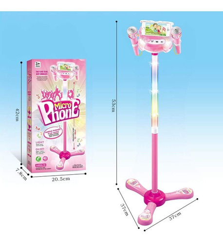 Microfono Infantil Con Pie Porta Celular Mp3 Luces Rosa