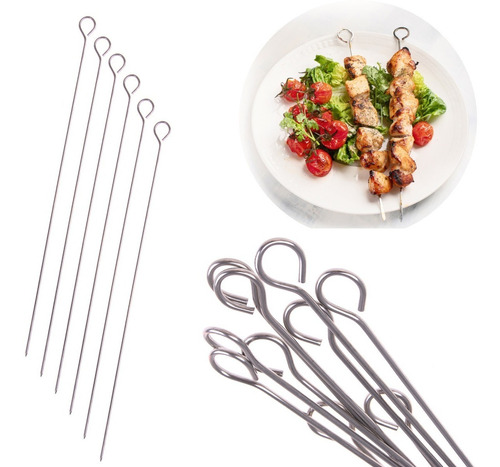 6 Espeto Churrasco Metal Inox Ponta 30 Cm Espetinho Carne