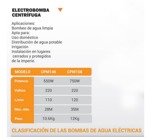 Bomba centrífuga Lüsqtoff CPM158 0.75hp color naranja 50Hz 220V