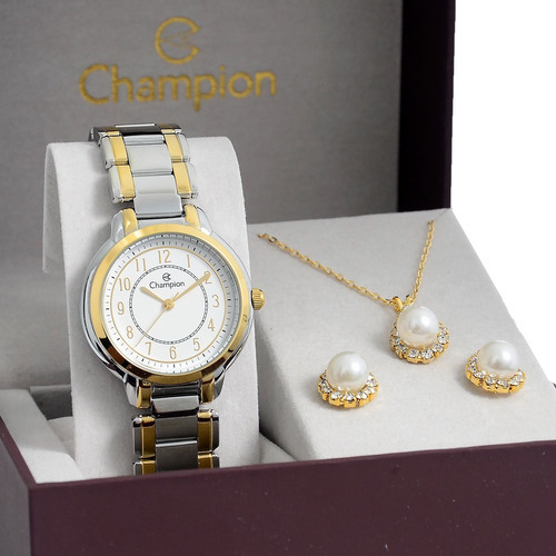 Relógio Champion Feminino Dourado Original Colar E Brincos Cor do fundo Prateado