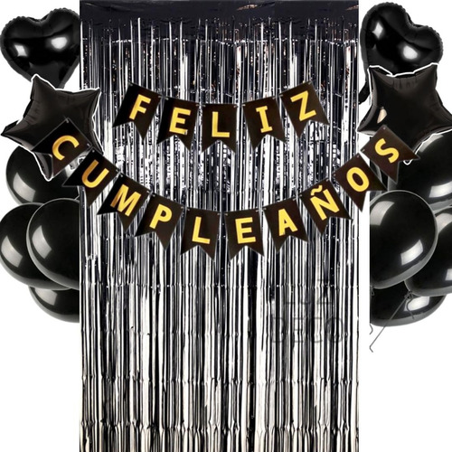 Kit Set Feliz Cumpleaños Decoración Fiesta Pll Color Negro 
