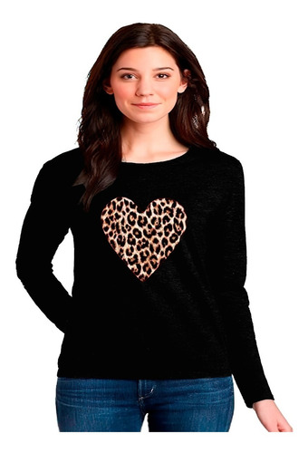 Polera Manga Larga Corazón Animal Print Oversize Unisex