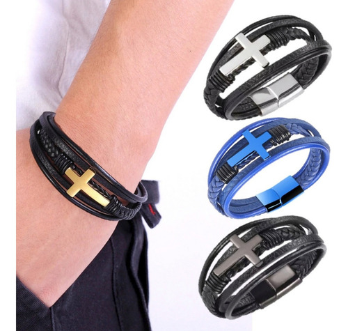 Pulseira Tribal Cruz Executiva Masculina Couro Elegante Luxo Comprimento 17 Cm Cor Cruz Prata Diâmetro 0 Cm
