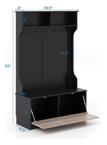 Hall Tree Multifuncional Con Perchero Y Banco Negro 5 Gancho