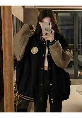 Chaqueta De Béisbol De Forro Polar Bordado Para Mujer, Corte