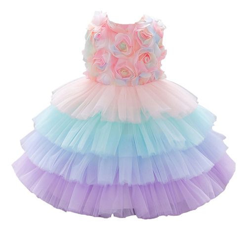 Vestido De Gala De Tul Con Capas Florales Para Niñas