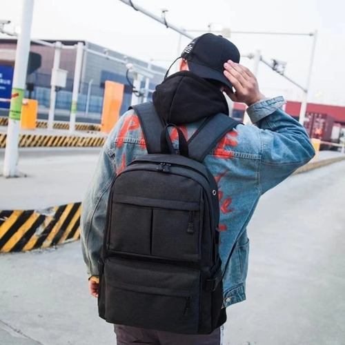Mochila Porta Notebook Reforzada Urbana Usb Unisex Premium Color Negro Diseño de la tela Jaspeado