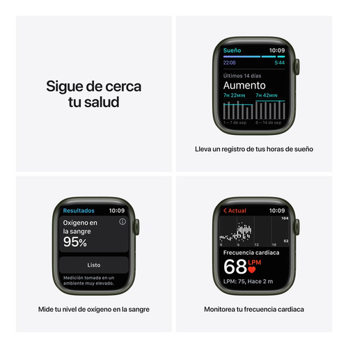 Imagen 5 de 9 de Apple Watch Series 7 (GPS, 45mm) - Caja de aluminio color verde - Correa deportiva verde trébol