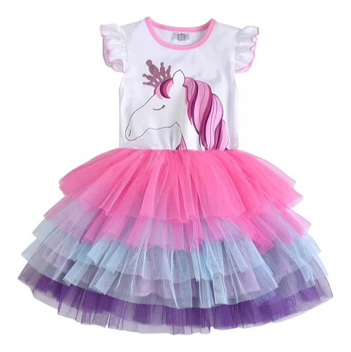 Vestido De Fiesta Unicornio Niña Manga Corta