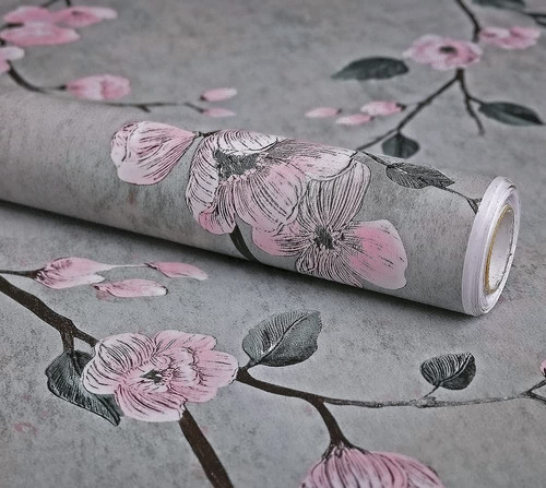 Papel Tapiz Floral Para Despegar Pie Color Gris Rosa Ciruela