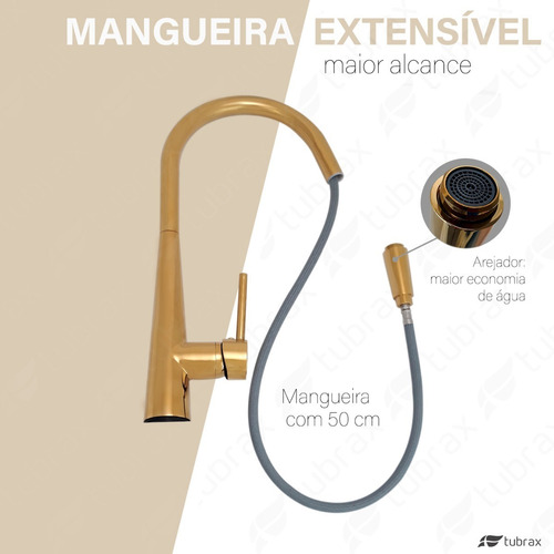 Torneira Cozinha Gourmet Monocomando Extensível Dourada