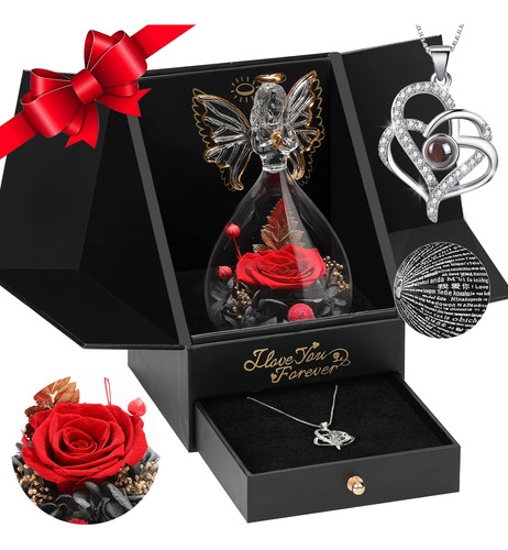 Figuras De Angel De Rosa Real Preservadas Con Collar I Love