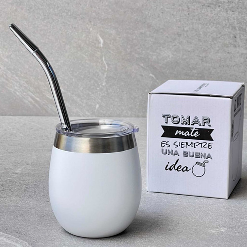 Mate Doble Pared Acero Inoxidable C/tapa Blanco 235ml