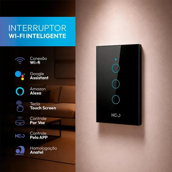 Interruptor Inteligente Smart Wi-fi 2.4 GHz Alexa google 3 Botões 4x2 Bivolt Preto Cod: 291990400 Neo Avant