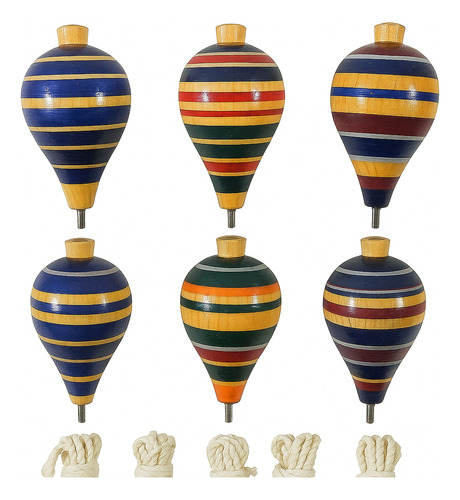 6 Trompos De Madera Artesanal Con Cuerda Colorido