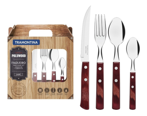 Set Juego 24 Cubiertos Tramontina Polywood Asado Acero Inox