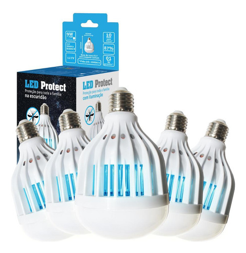 Kit 5 Led Protect 220v Ilumina 9w Atrai E Mata Mosquitos Sem