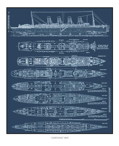 Lienzo Blueprint Grabado Trasatlántico Lusitania 1907 61x50