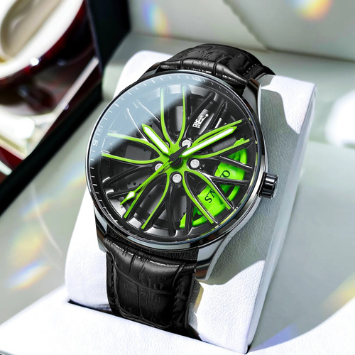 Reloj Deportivo Para Hombre De Rin Giratorio - Olevs Cuero Negro Verde Negro