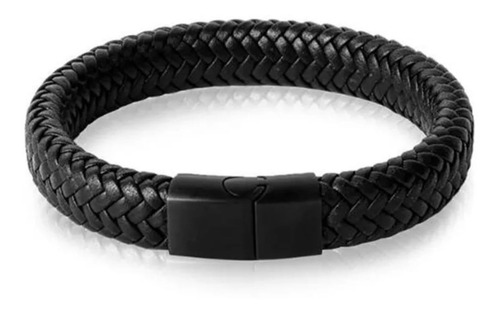 Pulsera Para Hombre Cuero Negro Trenzado  Broche En Acero