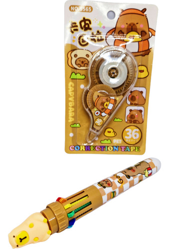 Kit Escolar Caneta 10 Cores + Corretivo (marrom) Capivara