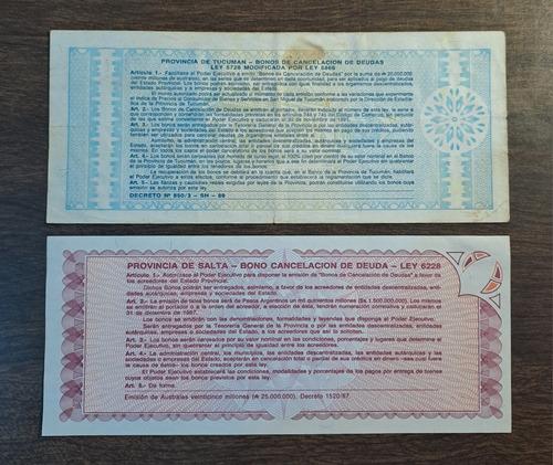 Bonos X 2 Billetes Incluye 1 Austral Salta 1987 Sc. (Usado)