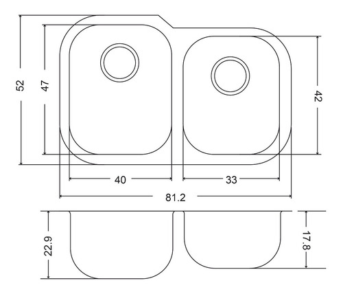 Fregadero Cocina Submontar 2tinas 81x52x23 Eb A31209ar Der