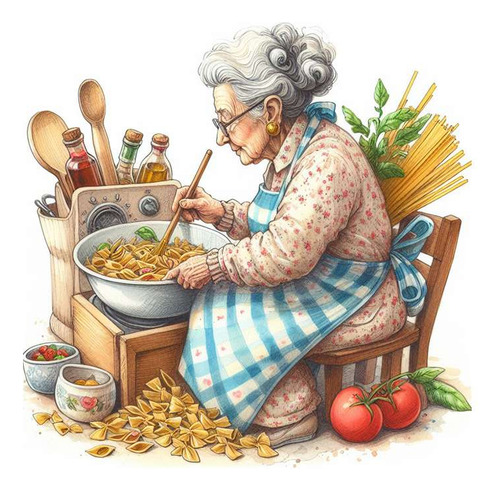 Vinilo 100x100cm Abuela Cocinando Con Amor Dibujo Comida