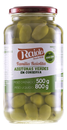 Azeitona Verde em Conserva Raiola Família Raiolita Vidro 500g