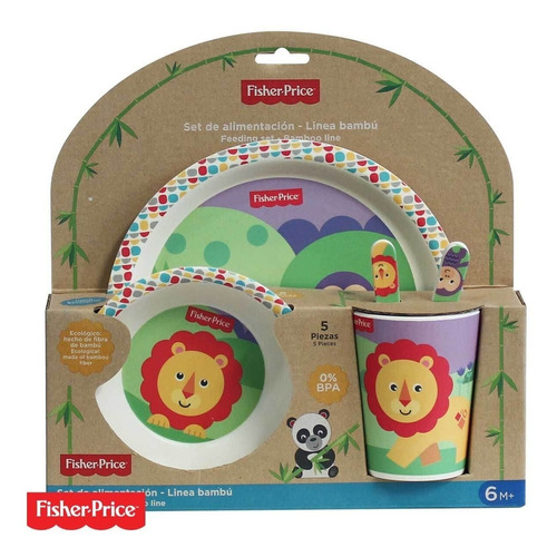 Set Plato Vaso Cubiertos Bebé León Fisher Price Bambú 5pz