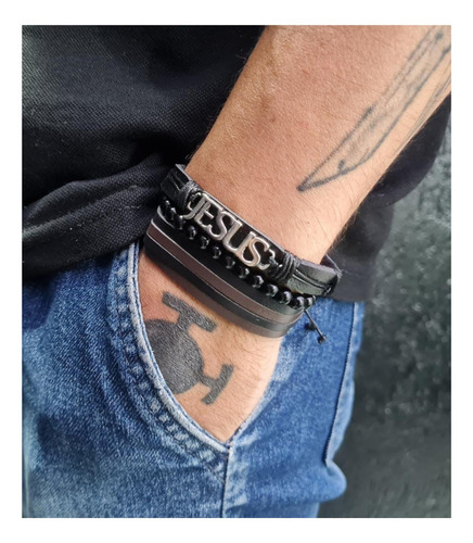 Pulseira Masculina Jesus Couro Preto Tiras Bolinha Kit Com 3 Comprimento 19 Diâmetro 4
