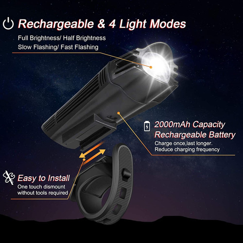 Ascher Ultra Bright Usb Rechargeable Bike Light Set, Pote...