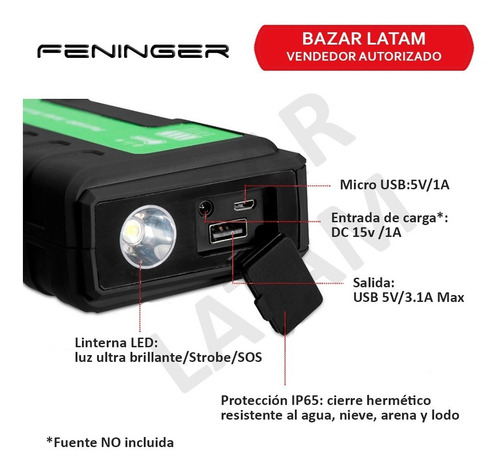 Imagen 4 de 9 de Arrancamotor T-300 Feninger 16000mah Portable Jump Starter