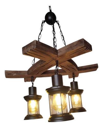 Lampara Rustica Colgante De Techo Madera Y 3 Faroles