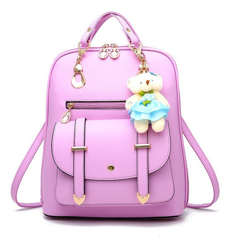 Mochila Mujer Moda Pu Impermeable+oso Accesoriosbolsa Viaje Púrpura