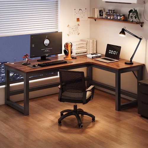 Escritorio Estudio Minimalista Madera Nogal Oscura L Derecha Black Walnut