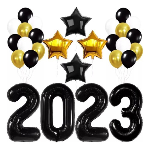 Globo Decorativo Fin De Año Numero 2023 Kit Estrellas Negro