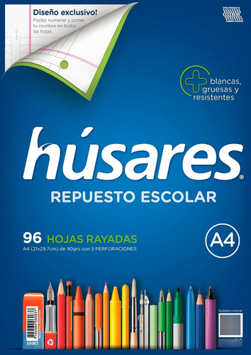 Repuesto Husares A4 90grs X 96 Hojas Rayadas