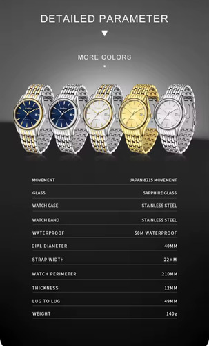 Reloj Mecánico Automático Cadisen C8225m Silver Blue Gold Plateado Dorado Azul