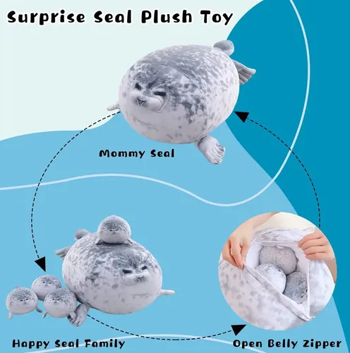 Peluche De Foca, Suave, Comoda, Con 4 Bebes Foca. 40cm