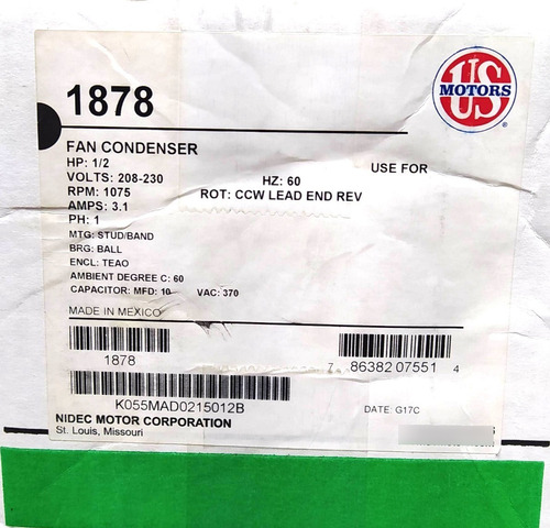 Imagen 2 de 3 de Motor Ventilador Condensador Us Motor 1/2hp 1878 208-230v