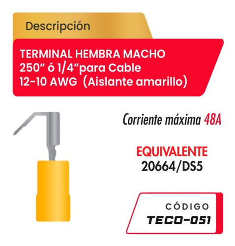 Terminal Hembra Macho 250  Para Cable 12-10awg Teco-051 