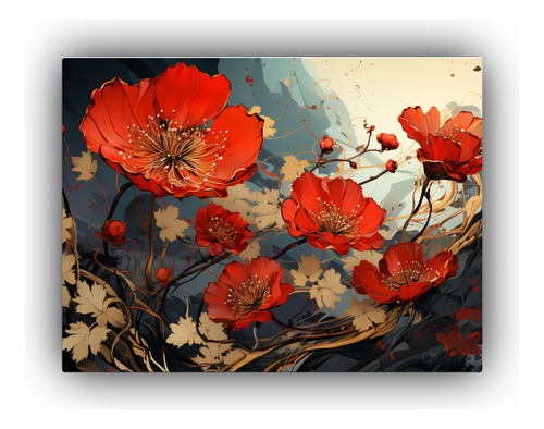 50x40cm Pintura Marigold Herbs En Rojo Y Dorado Flores