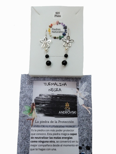 Aros Flor Y Turmalina Negra Modelo 2 En 1 ,protección ,plata