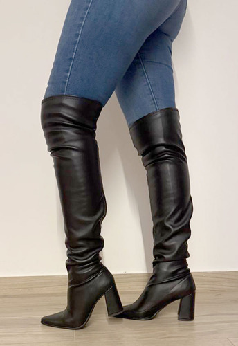 Bucaneras Elastizadas Mujer Botas Taco Ancho 9 Cm Caña Larga